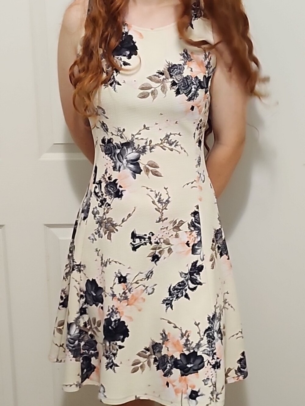 Floral A-Line Sleeveless Dress in Cream and Navy
